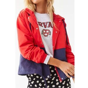 Forever 21 Red and Navy Blue Color Block Raglan Windbreaker | Size S